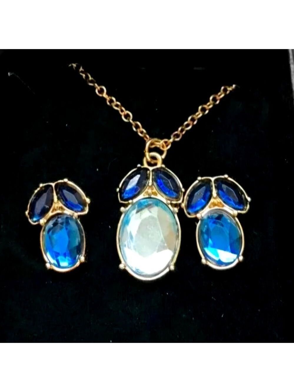 AVON MIDNIGHT INK PENDANT NECKLACE AND EARRING SET BLUE GOLDTONE NWT